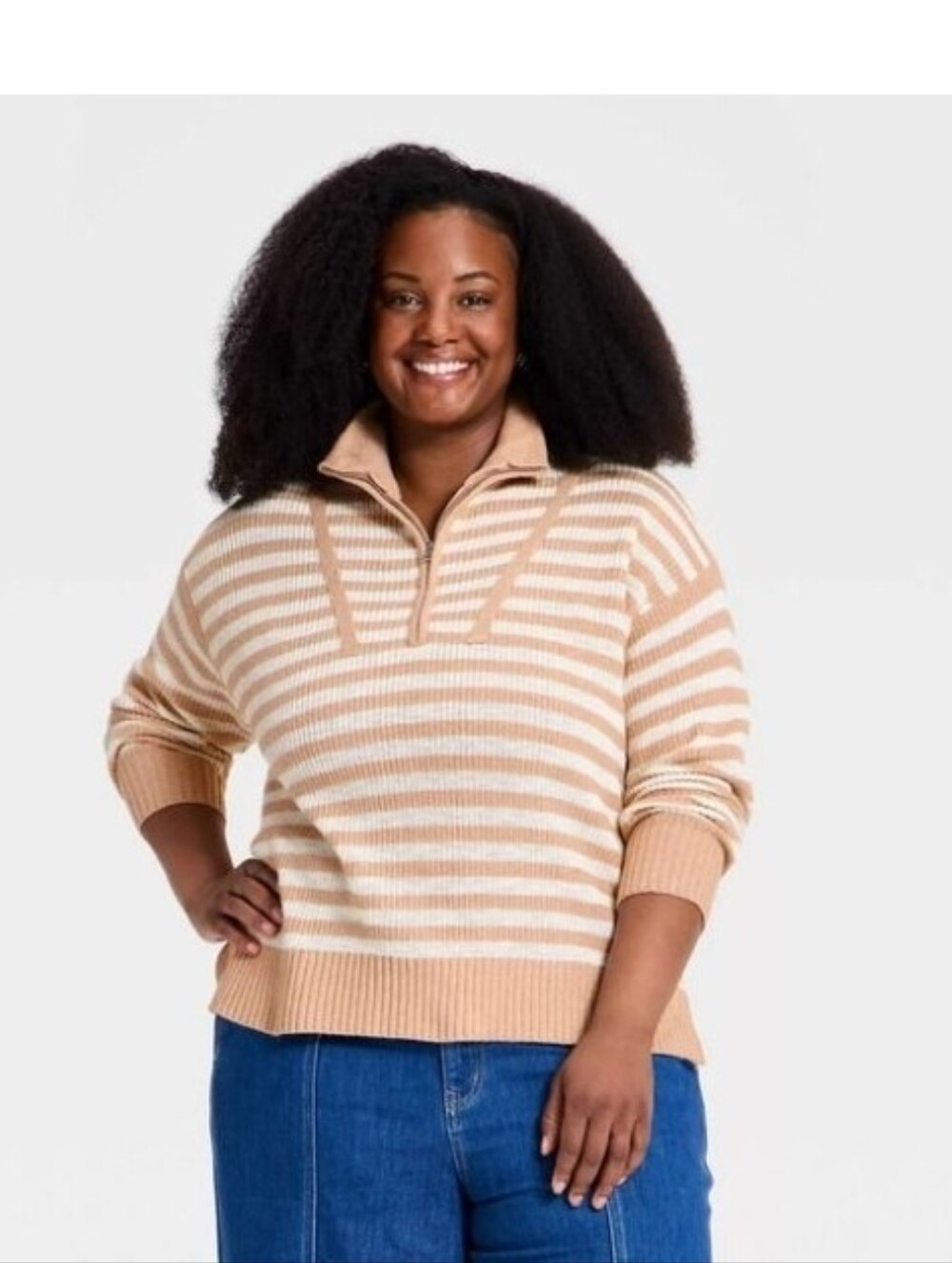 Ava & Viv Women's Long Sleeve Mock Turtleneck Quarter Zip Pullover Sweater Tan
